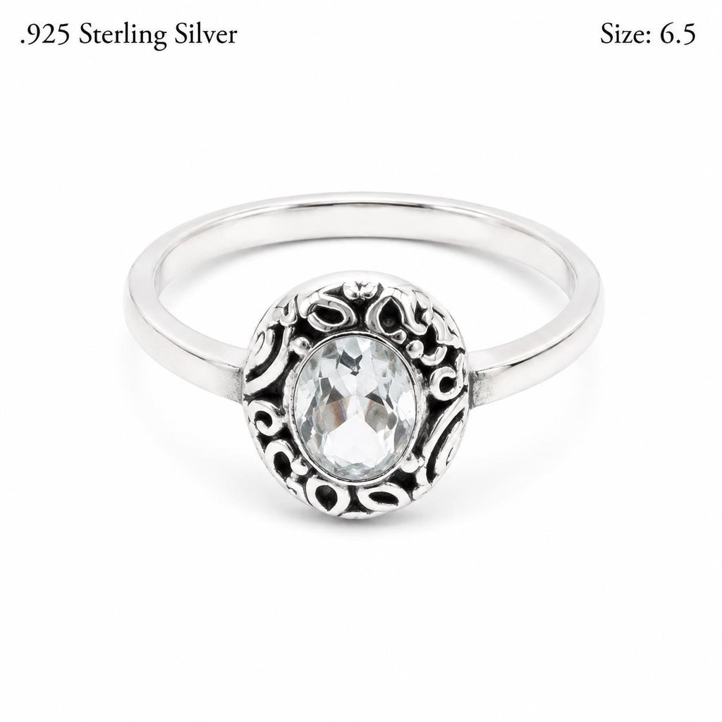 Ladies .925 Sterling Silver clear faceted oval crystal ring, size 6.5, with sparkling gemstone and sleek band design.