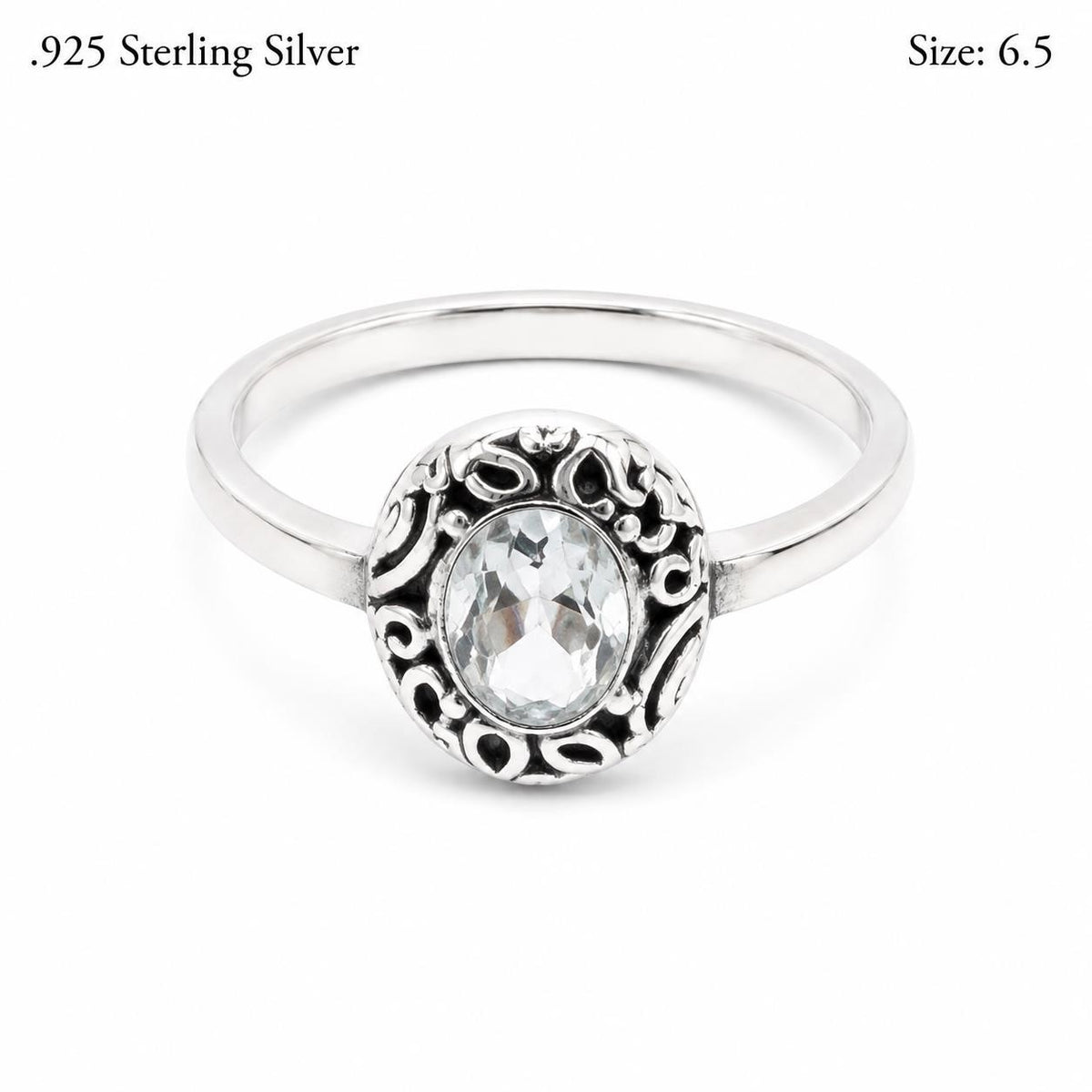 Ladies .925 Sterling Silver clear faceted oval crystal ring, size 6.5, with sparkling gemstone and sleek band design.