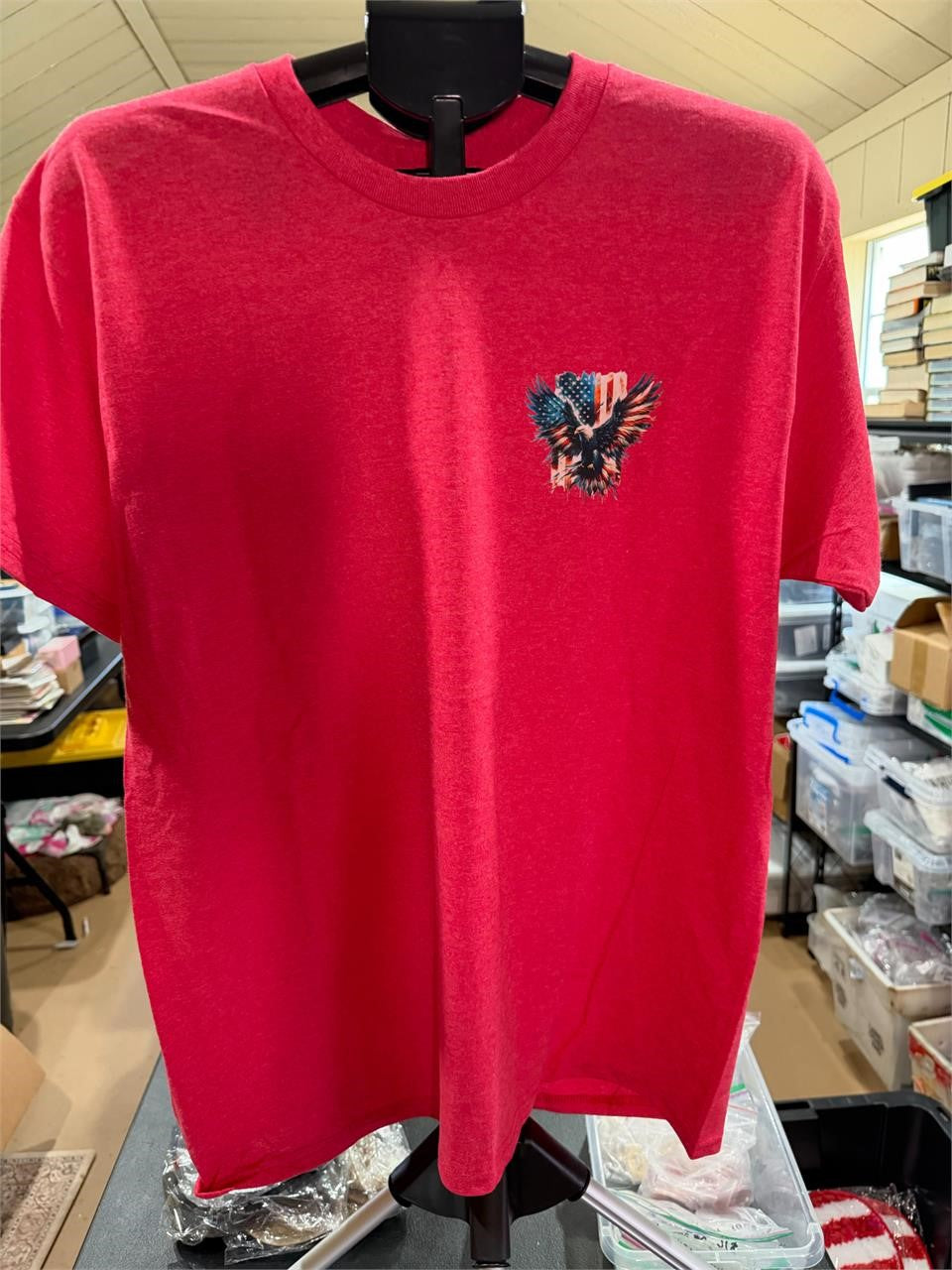 Wine Color Republic Mercantile 250th Anniversary T-shirt in size L, front view showing the printed design on soft cotton fabric.