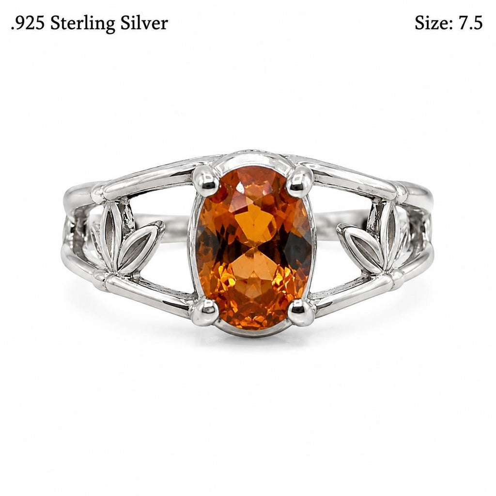Sterling silver oval citrine ring with golden orange gemstone, size 7.5, by Republic Mercantile, featuring detailed band design.