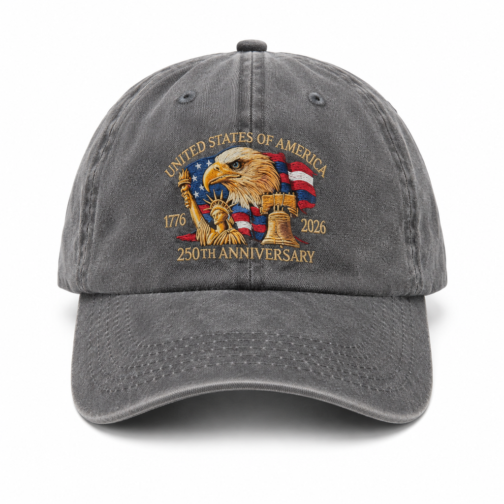 Gray soft cloth cap celebrating 250th anniversary with embroidered detail, Republic Mercantile branding, and a relaxed fit.