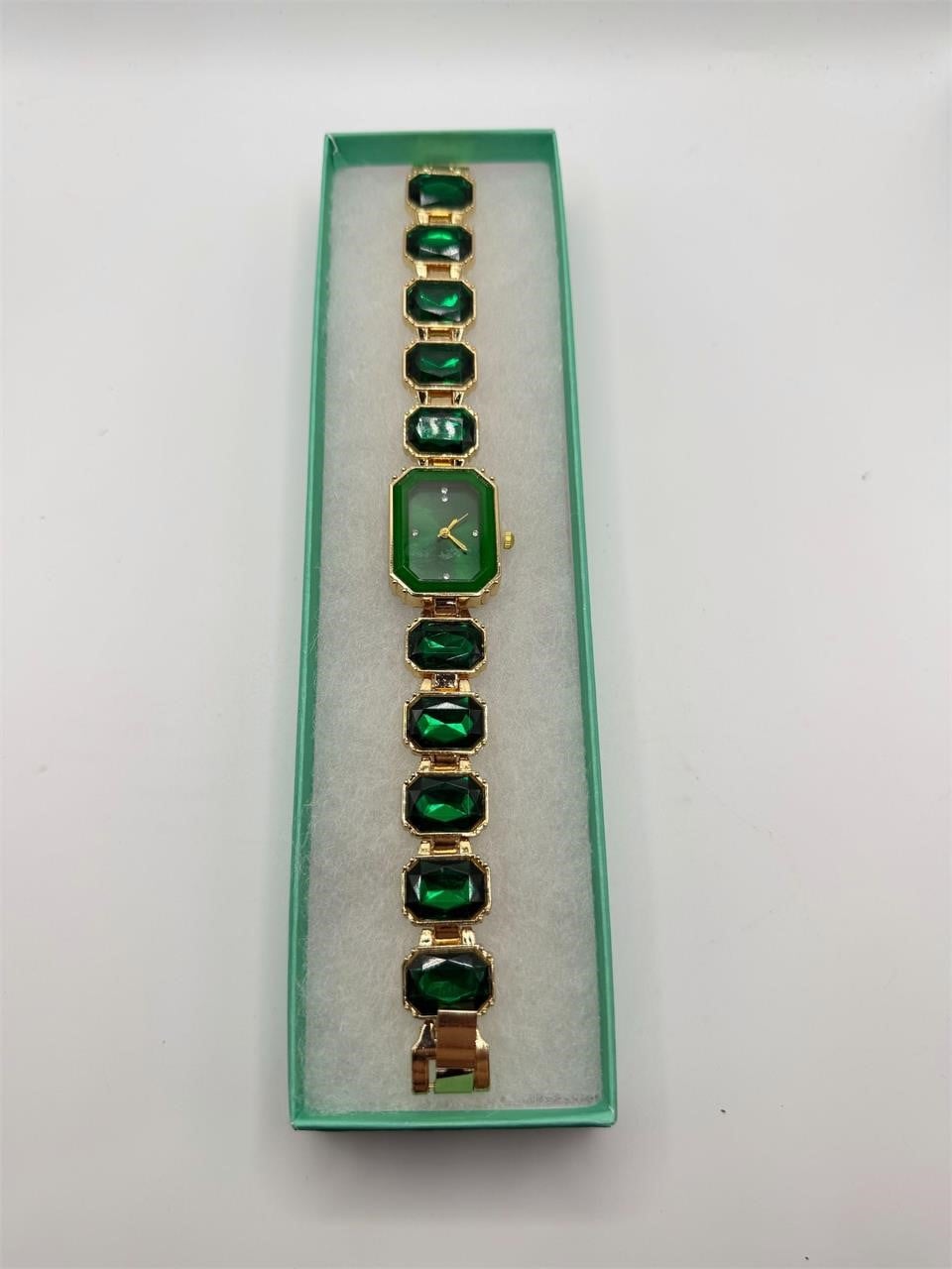 Ladies emerald green crystal stone band watch by Republic Mercantile, featuring a stylish watch face and elegant band details.