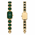 Ladies emerald green crystal stone band watch by Republic Mercantile showing a stylish watch with a green crystal-studded band and round face.