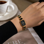Ladies Onyx black crystal stone band watch by Republic Mercantile, with a sleek round face and elegant black strap.