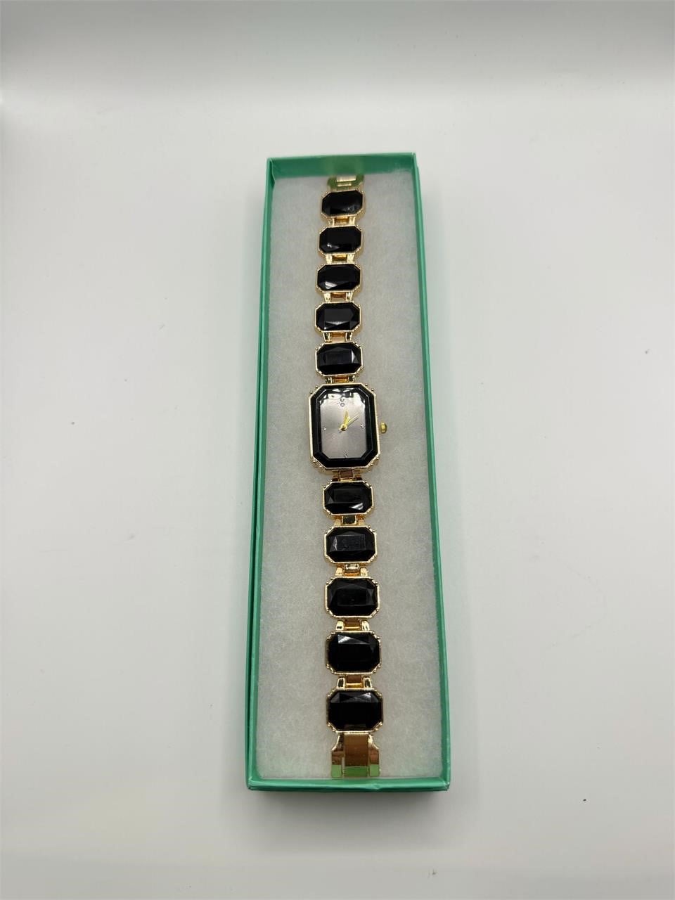 Ladies Onyx black crystal stone band watch with silver-tone case and elegant design by Republic Mercantile.