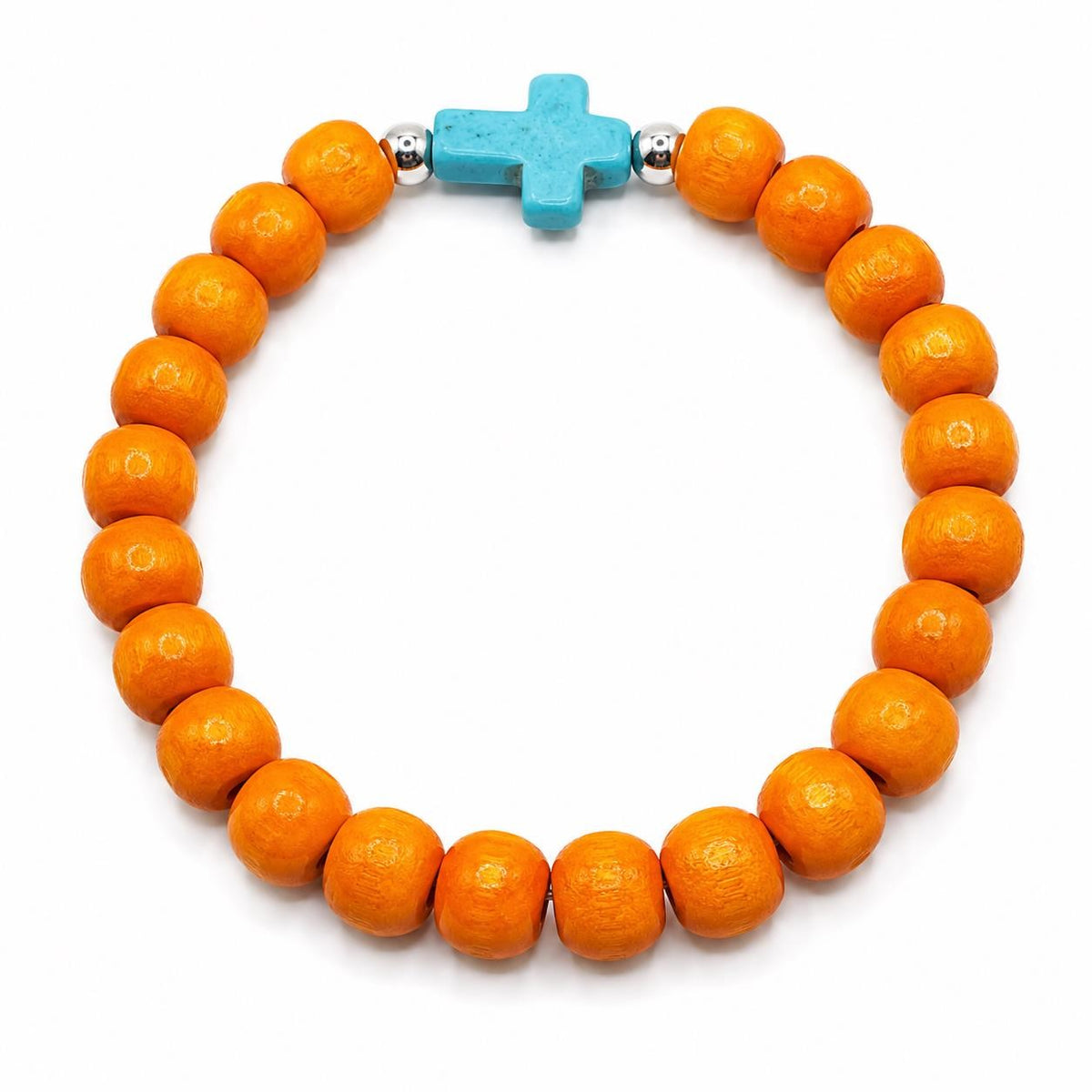 Beaded bracelet with orange and blue beads featuring a cross pendant, from Republic Mercantile.
