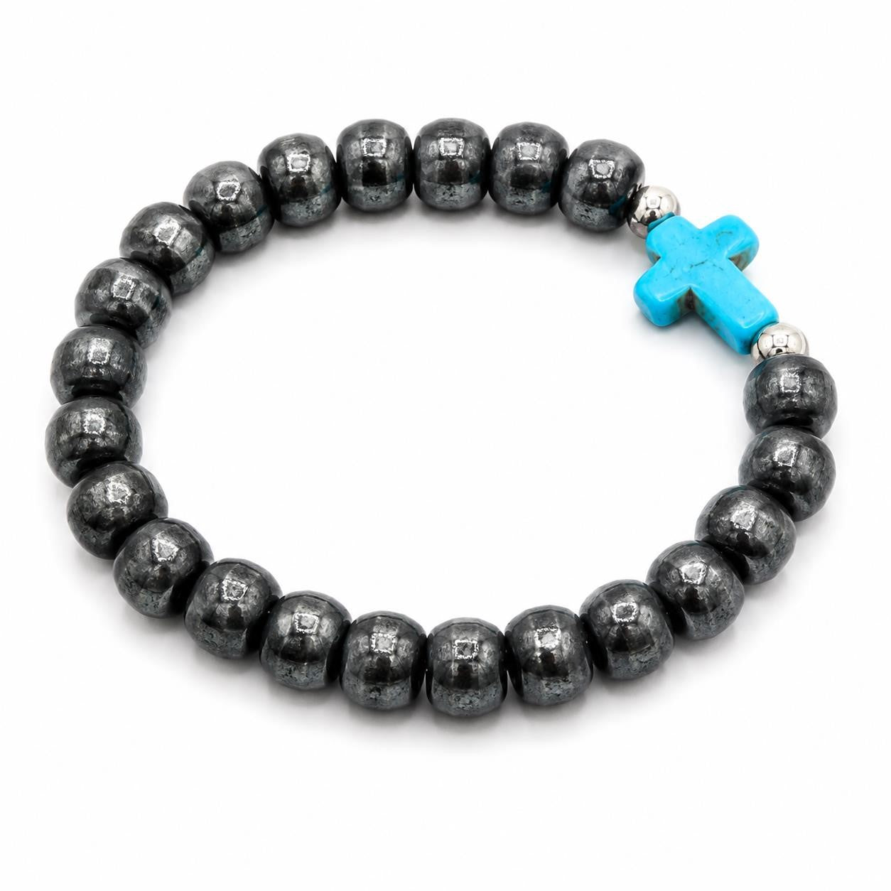 Beaded black bracelet with blue cross charm, Republic Mercantile jewelry accessory featuring cross and beaded details.