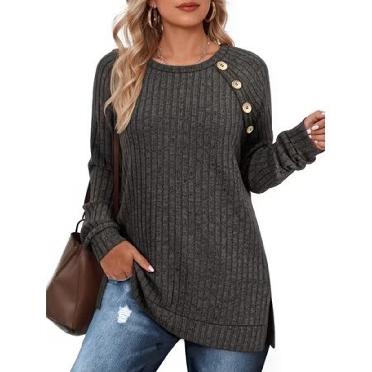 OALUXE women's long sleeve gray sweater shirt, casual tunic top, size XXL, soft knit fabric, relaxed fit, stylish and comfortable.