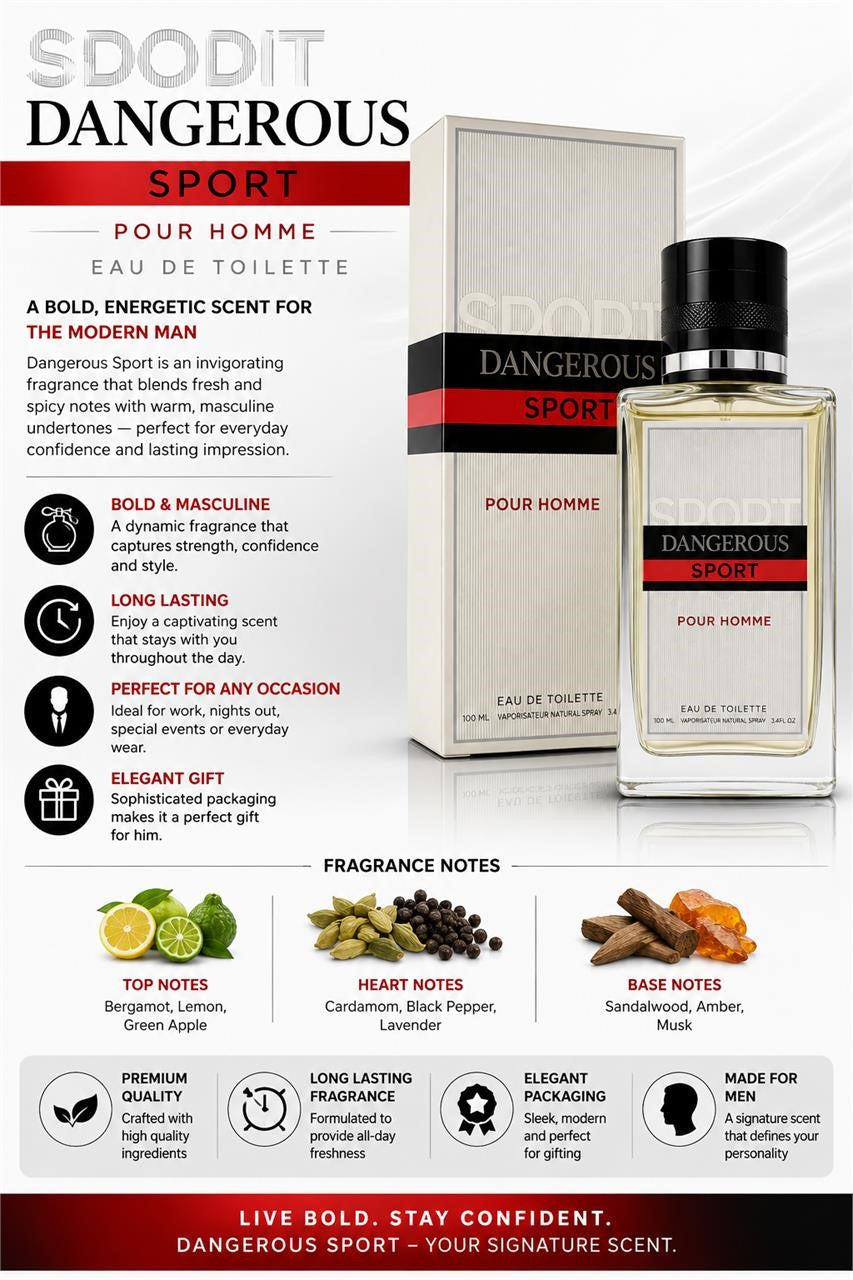 SDODIT Dangerous Sport Cologne Spray for Men, sleek bottle with sporty design, ready for use as a men's fragrance.