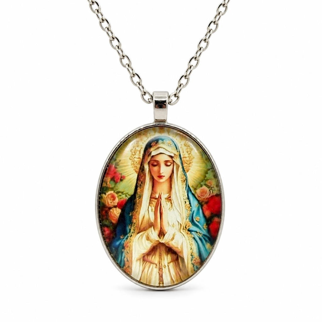 Virgin Mary enameled pendant necklace featuring a detailed religious icon on a silver chain.