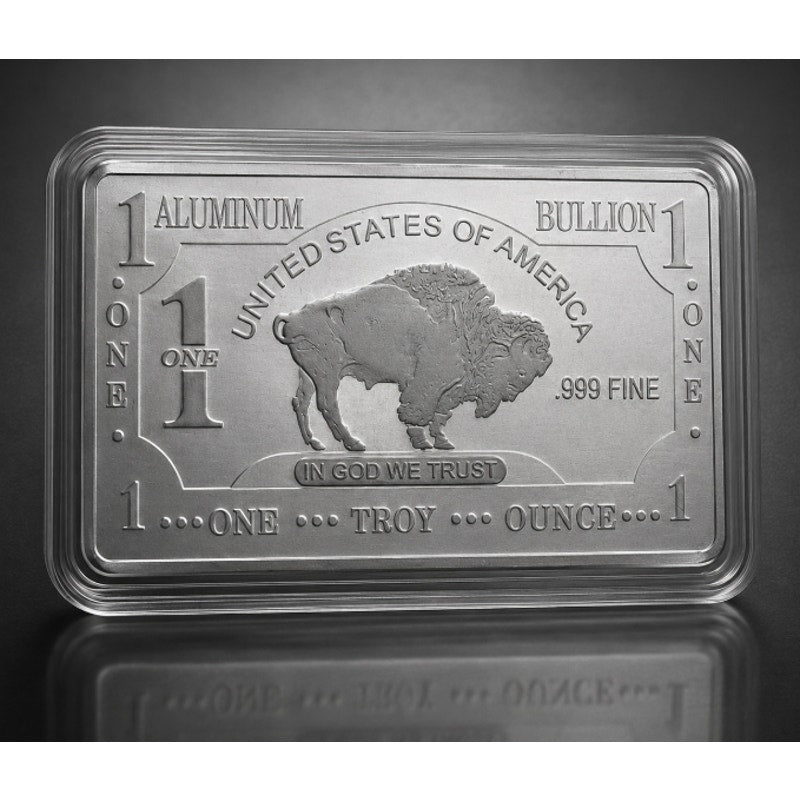 Aluminum .999 fine 1 oz collectible bar by CMC Mint in display case, featuring detailed minting and branding.