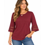 WellSize women's plus size burgundy V-neck top with 3/4 lace sleeves, size XL, stylish and comfortable for everyday wear.