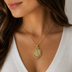 Gold tone Virgin Mary bejeweled pendant necklace with cubic zirconia from Republic Mercantile, featuring intricate religious jewelry design.