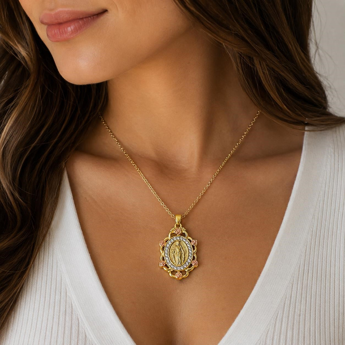Gold tone Virgin Mary bejeweled pendant necklace with cubic zirconia from Republic Mercantile, featuring intricate religious jewelry design.