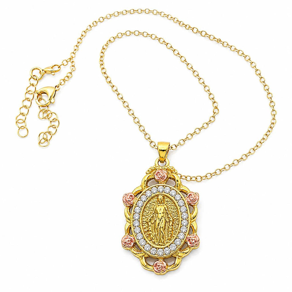 Gold tone Virgin Mary bejeweled pendant necklace with cubic zirconia from Republic Mercantile, featuring intricate religious design.
