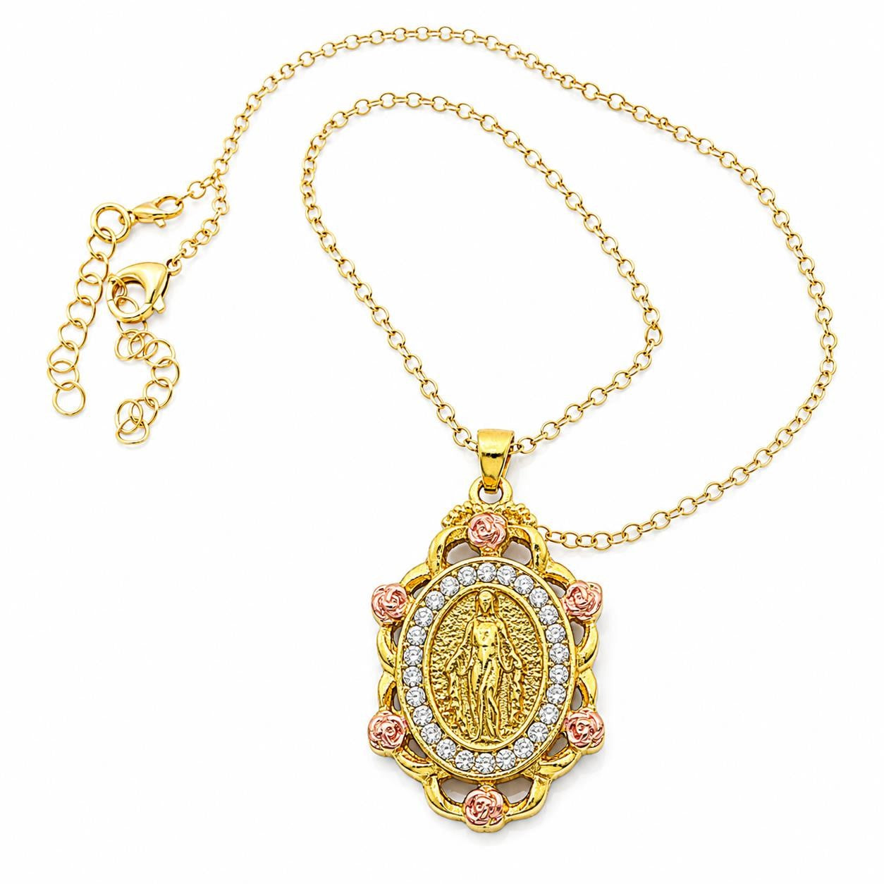 Gold tone Virgin Mary bejeweled pendant necklace with cubic zirconia from Republic Mercantile, featuring intricate religious design.