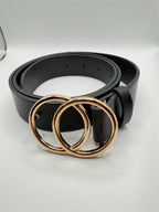 Women's black leather adjustable belt from Republic Mercantile, 30 to 36 inches, with a sleek, classic design and metal buckle.