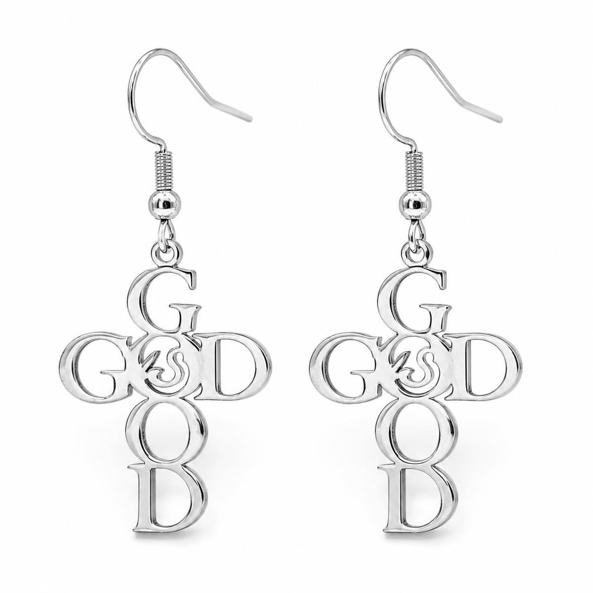 Christian-themed stainless steel earrings with "GOD" inscription, featuring a sleek, modern design suitable for everyday wear.