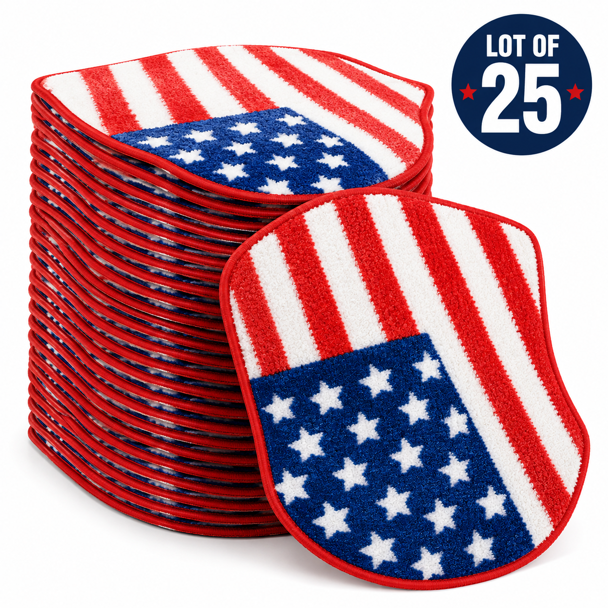 Wholesale 25-piece set of 16-inch Republic Mercantile flag-themed non-slip rugs displayed in a retail setting.