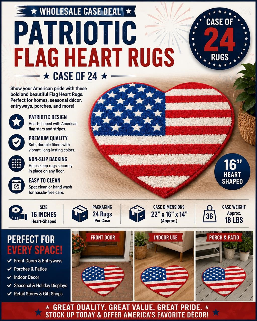 Wholesale 25-piece 16-inch flag non-slip rugs by Republic Mercantile, showing colorful flag designs on textured mats.