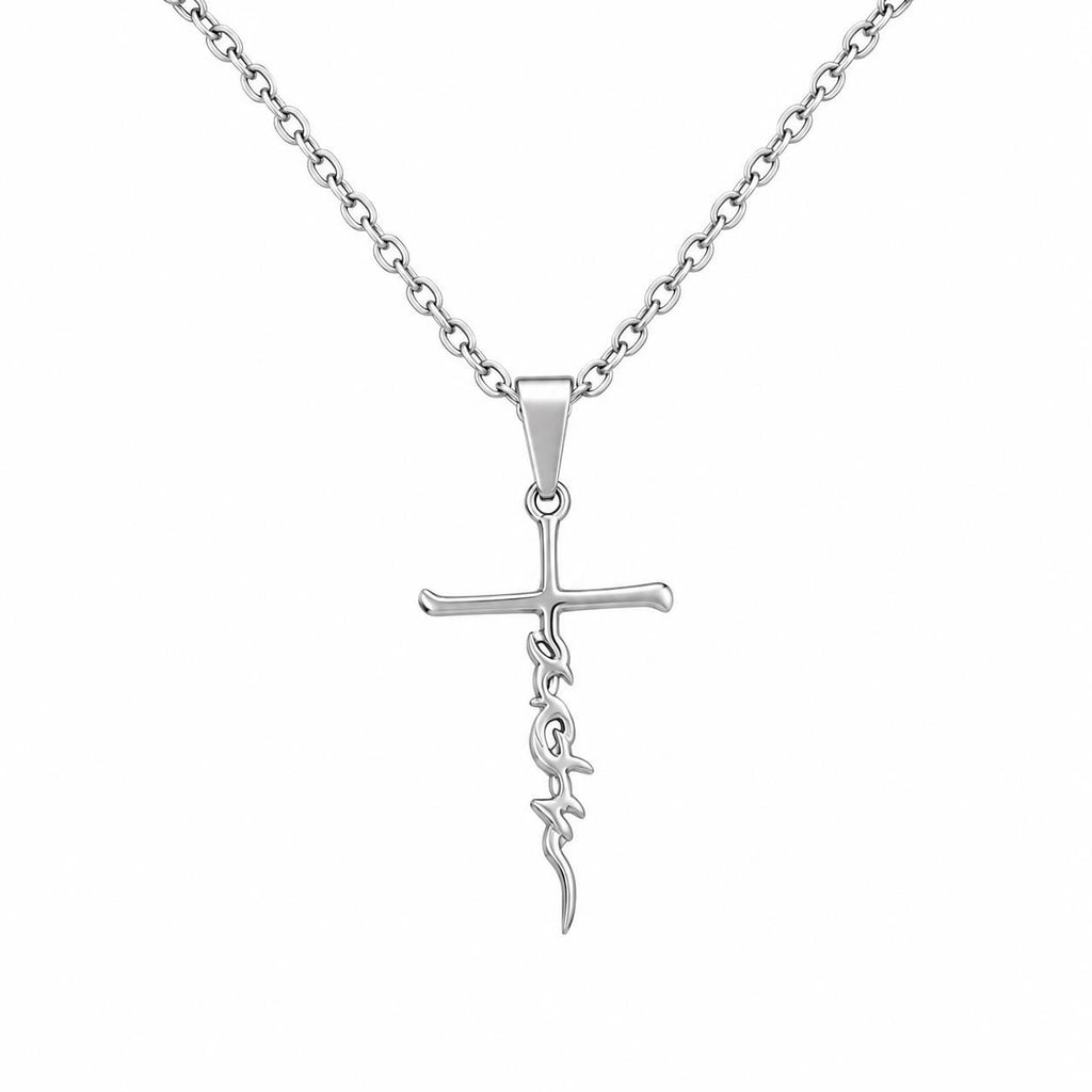 Christian themed stainless steel necklace with faith pendant, featuring religious symbols and polished metal finish.