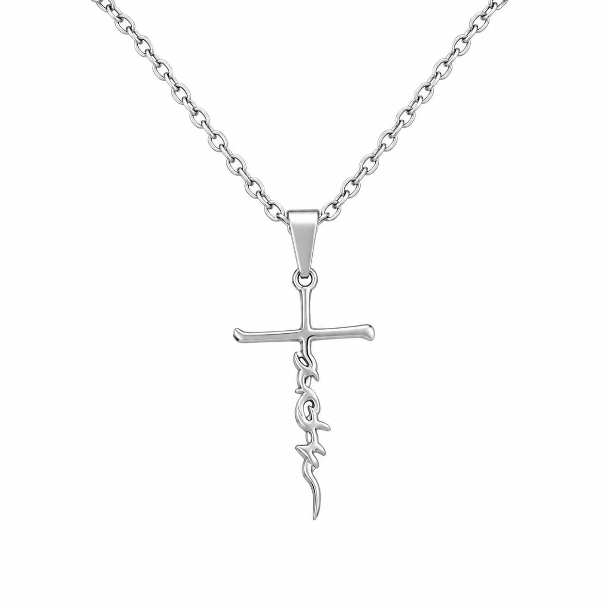Christian themed stainless steel necklace with faith pendant, featuring religious symbols and polished metal finish.