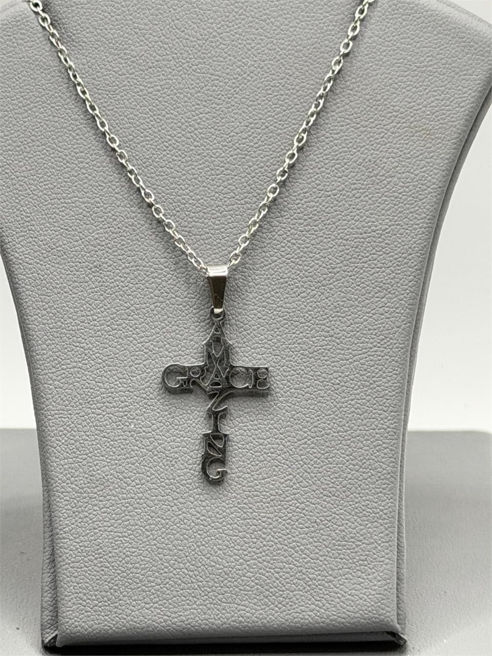 Christian-themed stainless steel necklace with a grace pendant, featuring elegant Christian symbols and a polished finish.