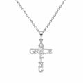 Christian-themed stainless steel necklace with a Grace pendant, featuring religious symbols and a polished silver finish.