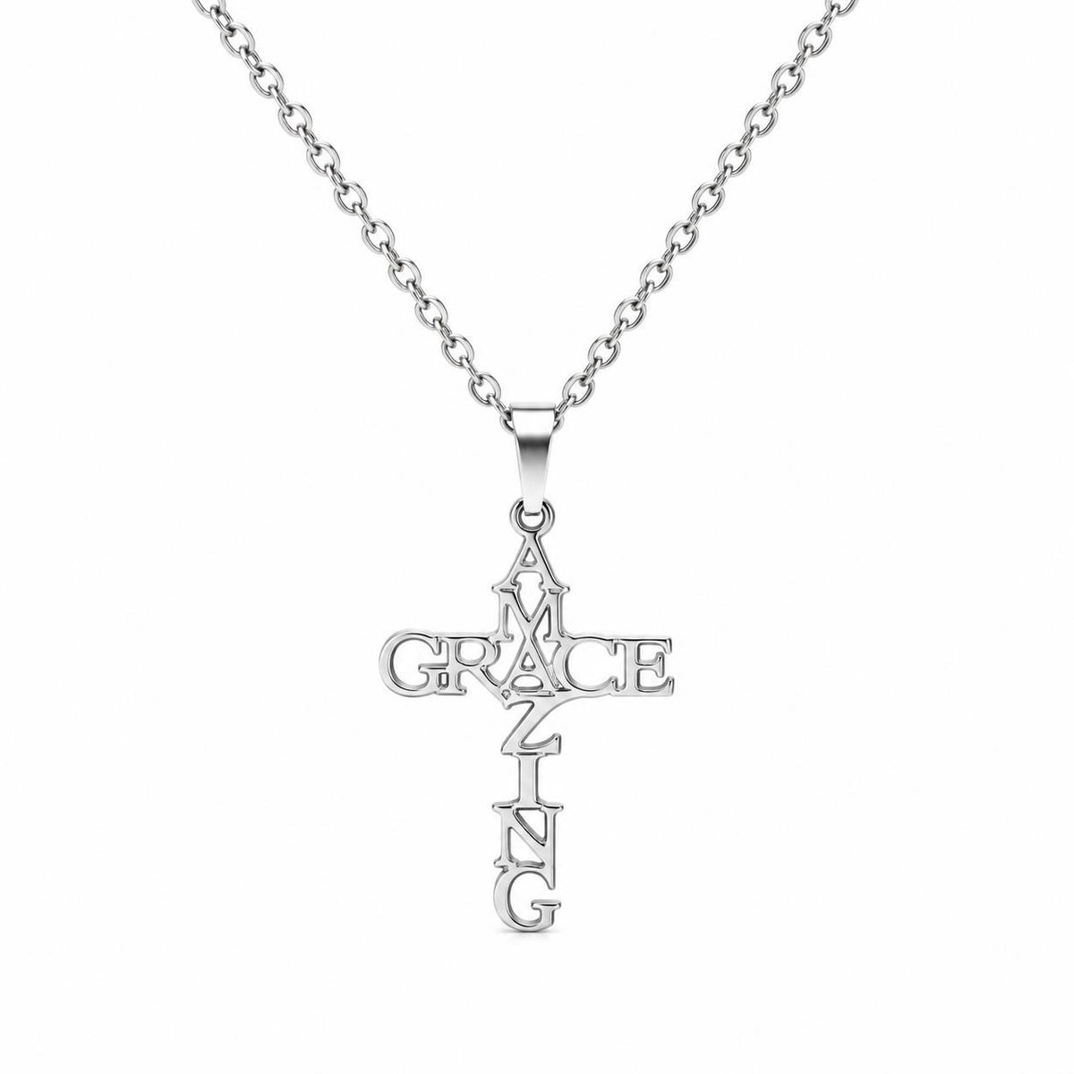 Christian-themed stainless steel necklace with a Grace pendant, featuring religious symbols and a polished silver finish.