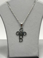 Christian-themed stainless steel necklace with "GOD" pendant, featuring a sleek design and polished finish.