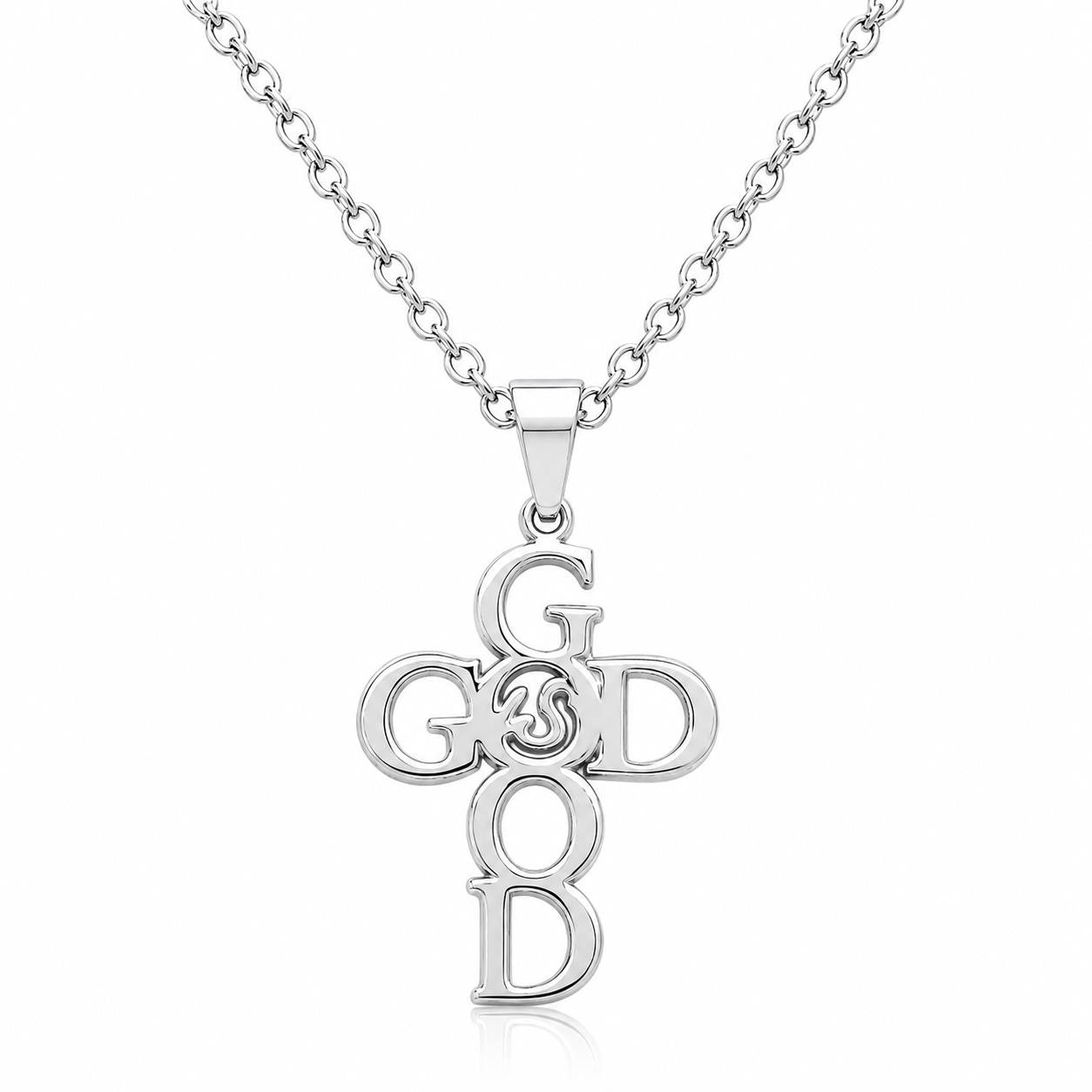 Christian-themed stainless steel necklace with "GOD" pendant, featuring a sleek and polished design for religious jewelry.