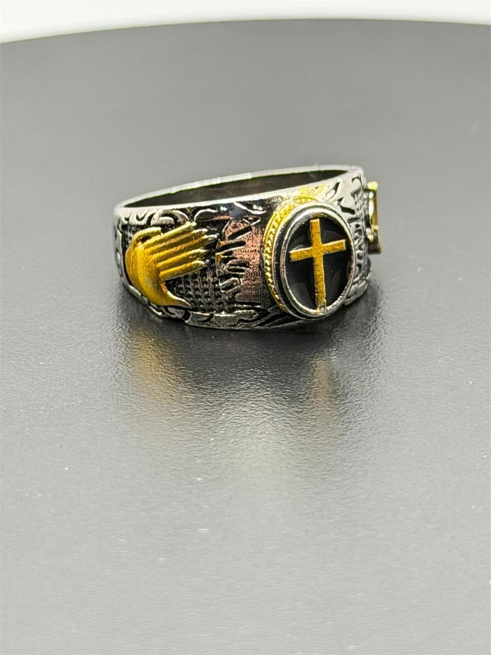 Men's Christian-themed stainless steel ring in size 8 with engraved religious symbols and polished finish.