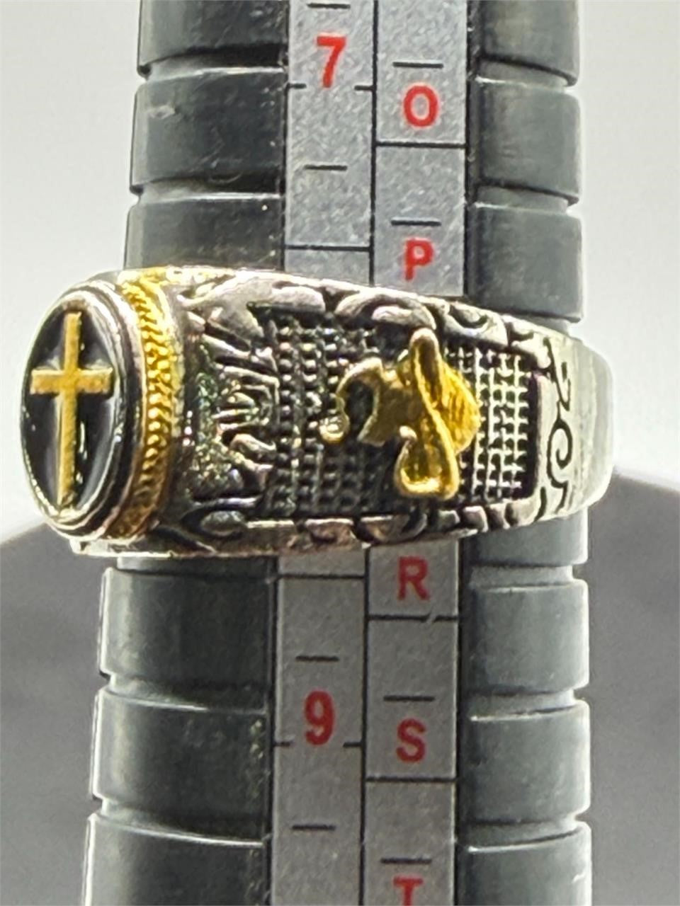 Men's Christian-themed stainless steel ring, size 8, featuring religious symbols and detailed craftsmanship.