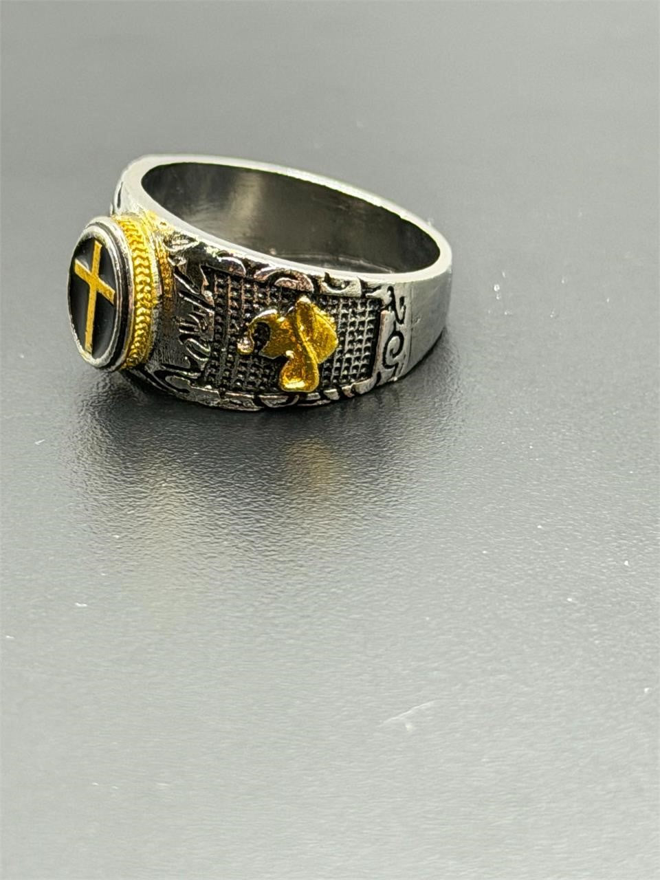 Men's Christian-themed stainless steel ring in size 8 with religious inscription and sleek silver finish, by Republic Mercantile.