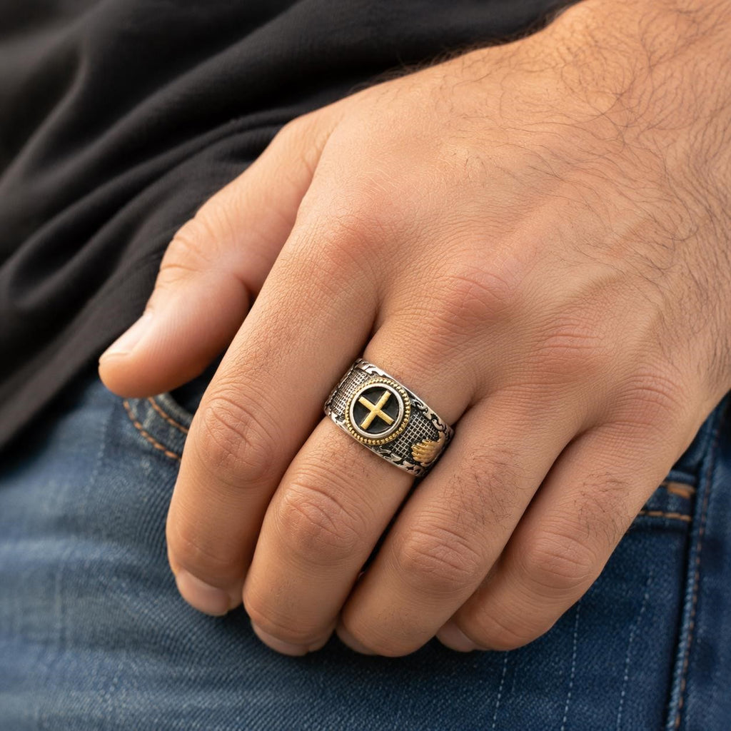 Men's Christian-themed stainless steel ring in size 8 with engraved religious symbols and motifs.