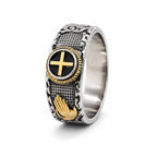 Men's Christian-themed stainless steel ring in size 8 with engraved religious symbols, crafted by Republic Mercantile.