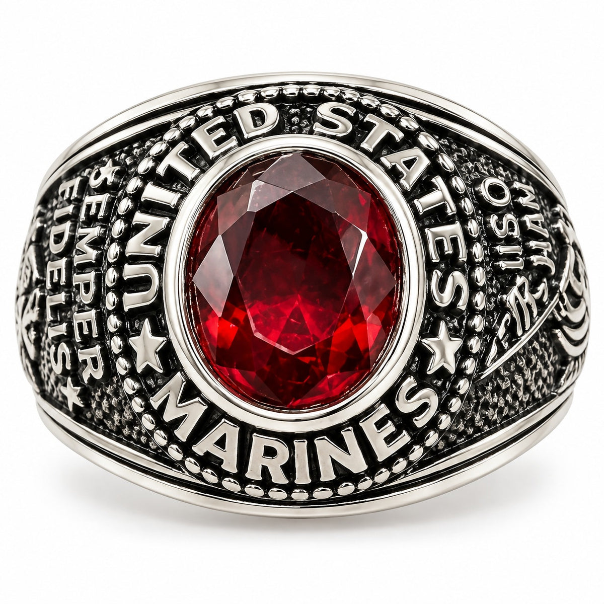 Men's US Marine Corps signet ring in silver with red accents, size 9, featuring engraved military emblem and detailed design.