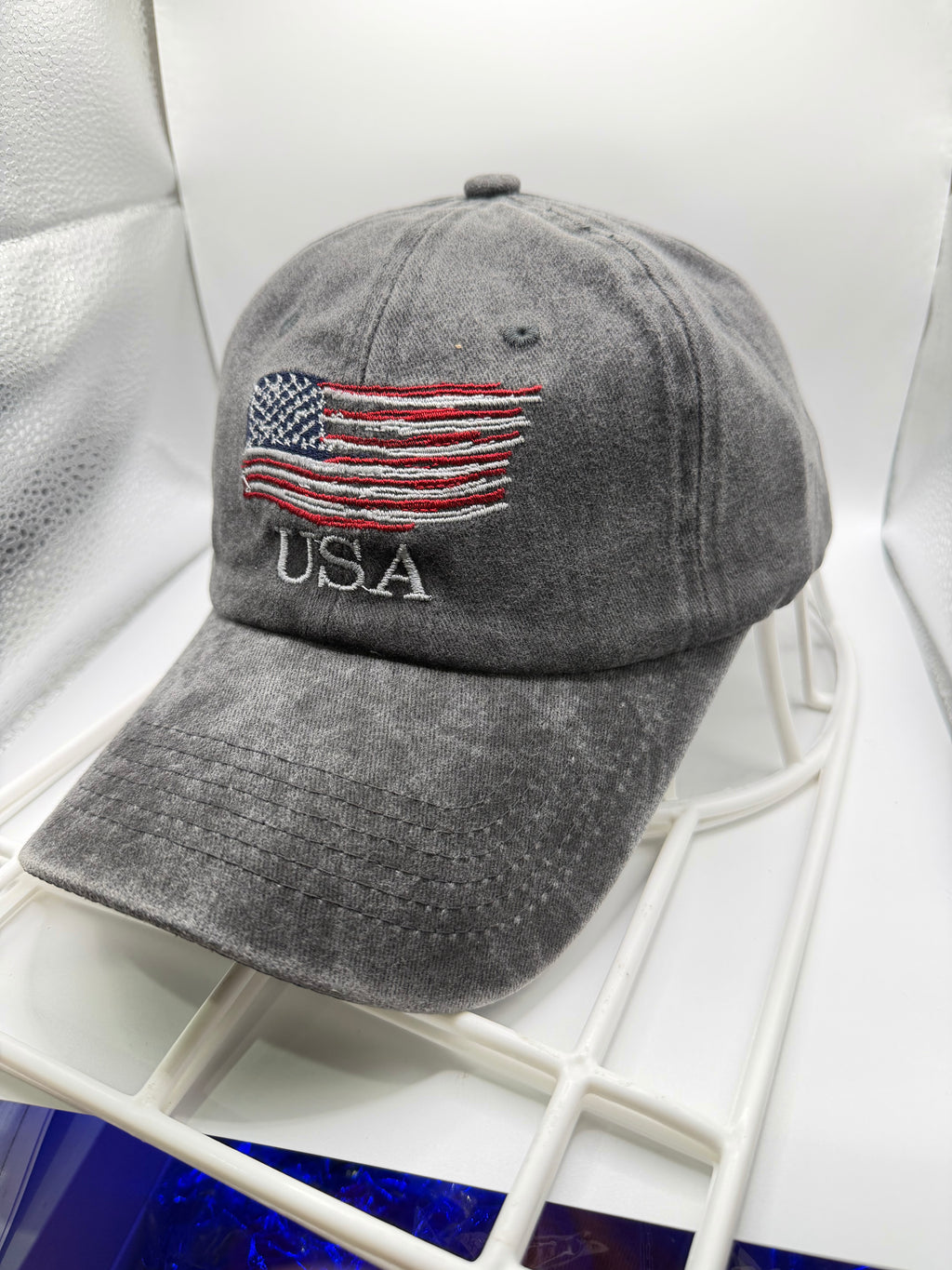 Dark gray washed USA ball cap hat by Republic Mercantile with curved brim and adjustable strap.