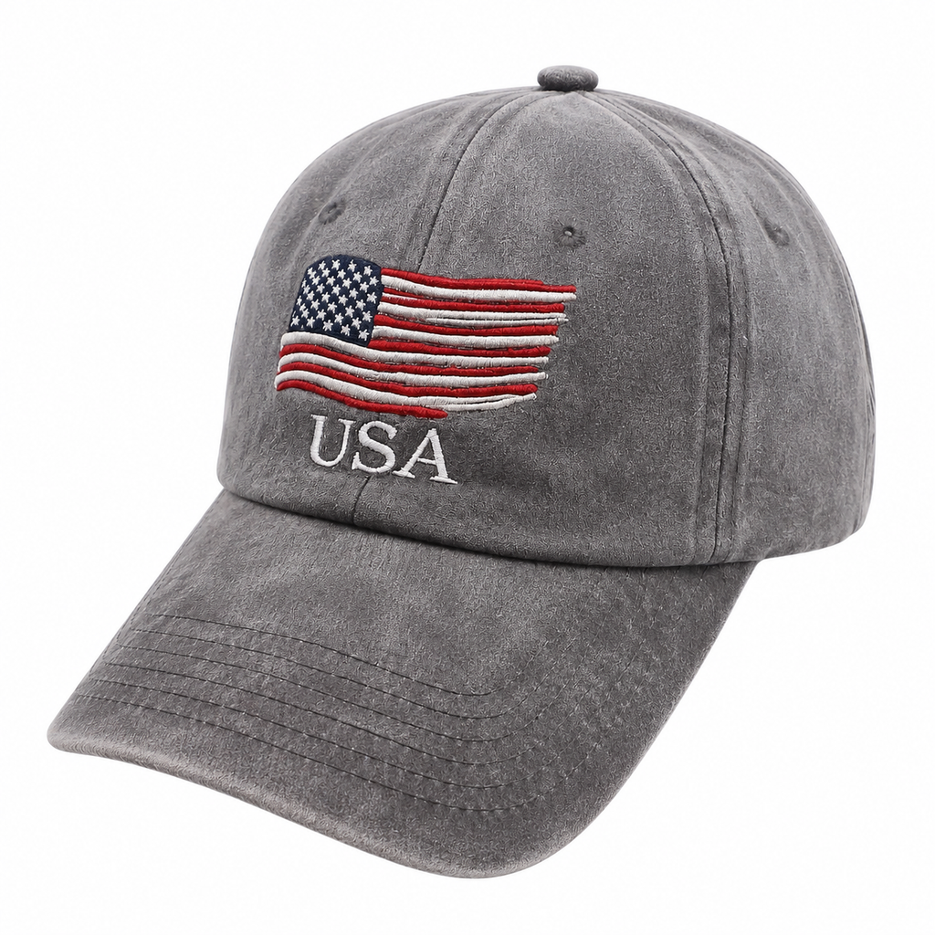 Dark gray washed USA ball cap hat by Republic Mercantile with curved brim and adjustable strap, casual style for everyday wear.