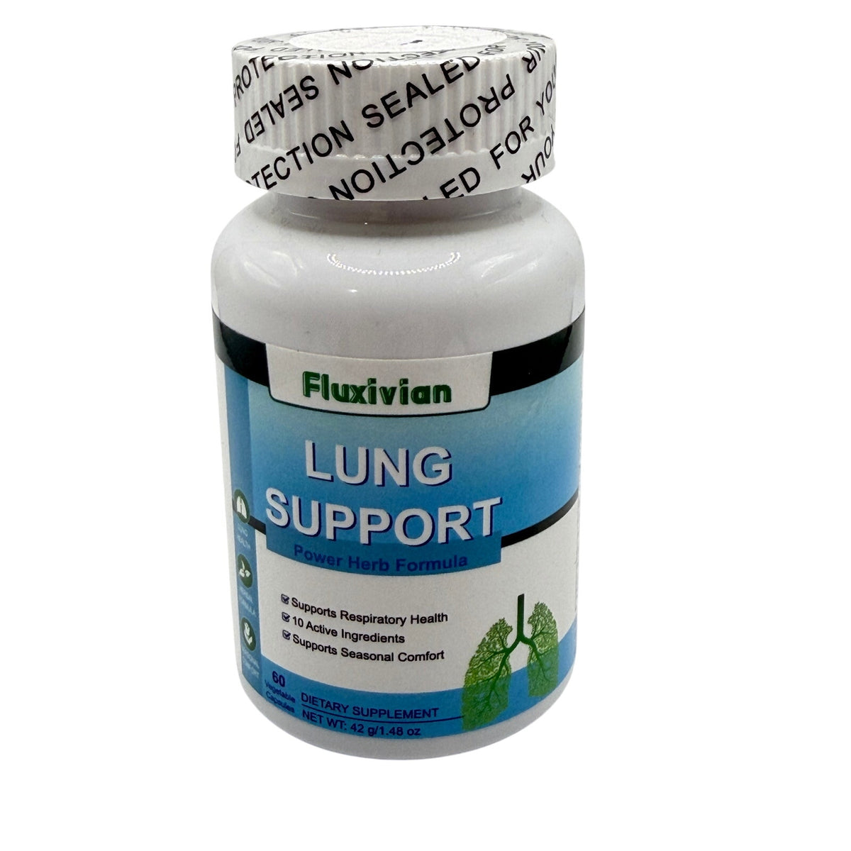 Fluxivian Lung Support Power Herb Formula capsules in a bottle, featuring herbal supplement packaging and label.