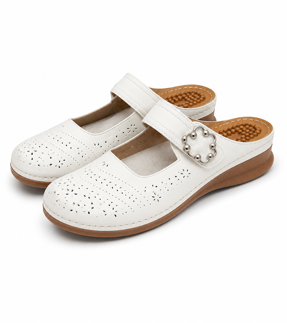 Women's white Ecetana wedge mules in size 10-10.5, featuring a stylish slip-on design and comfortable wedge heel.