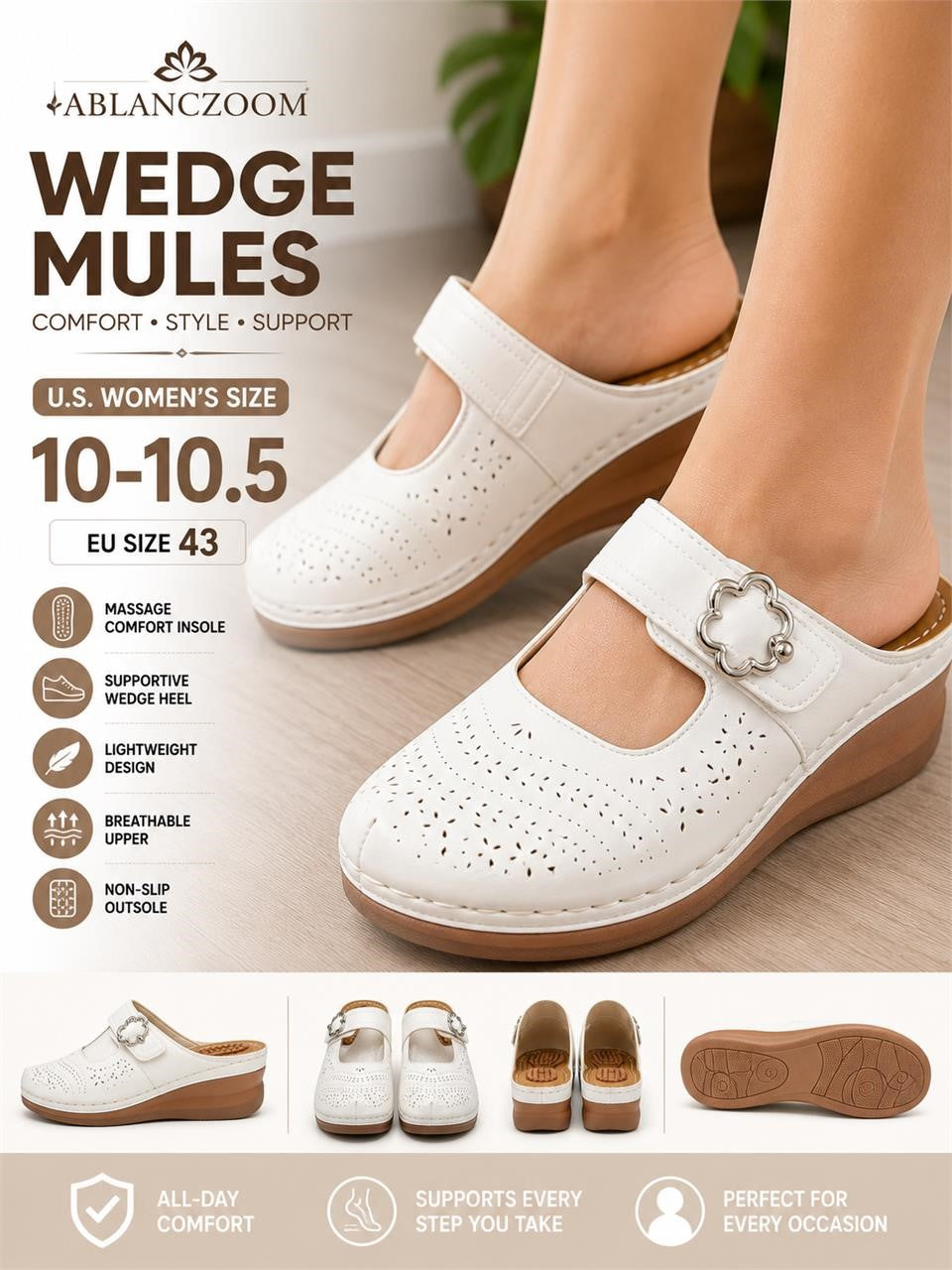 Women's white Ecetana wedge mules in size 10-10.5, featuring a stylish slip-on design and comfortable wedge heel.