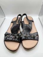 Ecetana black flat sandals with boho design in size 7.5, featuring comfortable strap details and casual style.