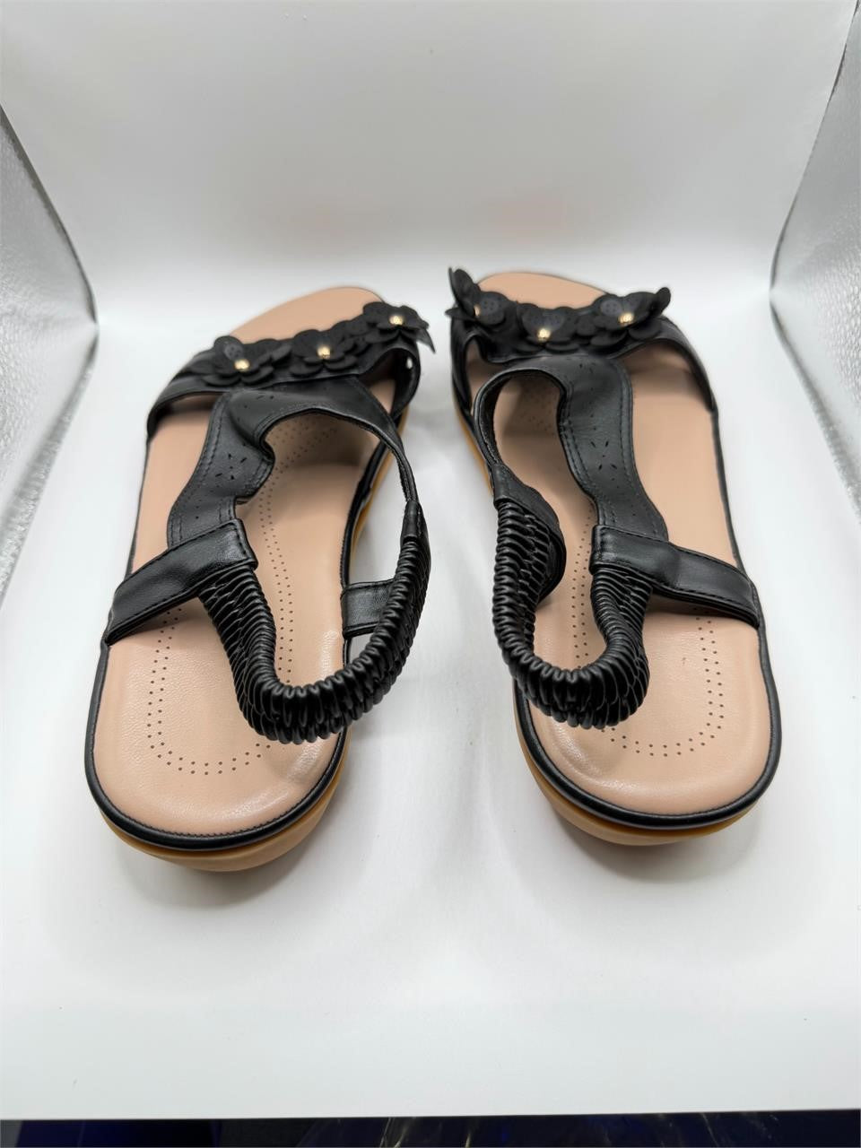 Ecetana black flat boho sandals in size 7.5 with strappy design and open toe, perfect for casual summer outfits.