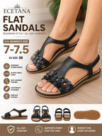 Ecetana black flat boho sandals in size 7.5, featuring a stylish design with open toes and ankle straps.