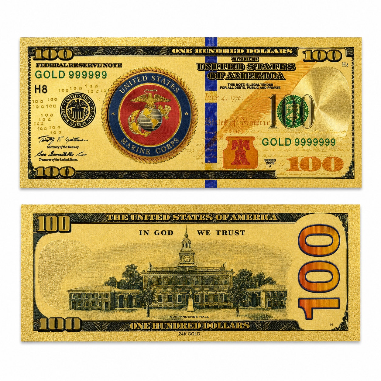 US Marine Corps commemorative gold-foil note featuring Marine emblem and detailed design, celebrating Marine Corps heritage.