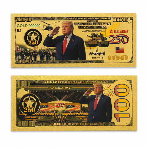 Gold-foil commemorative note celebrating 250th anniversary, issued by Republic Mercantile, featuring detailed historic design.
