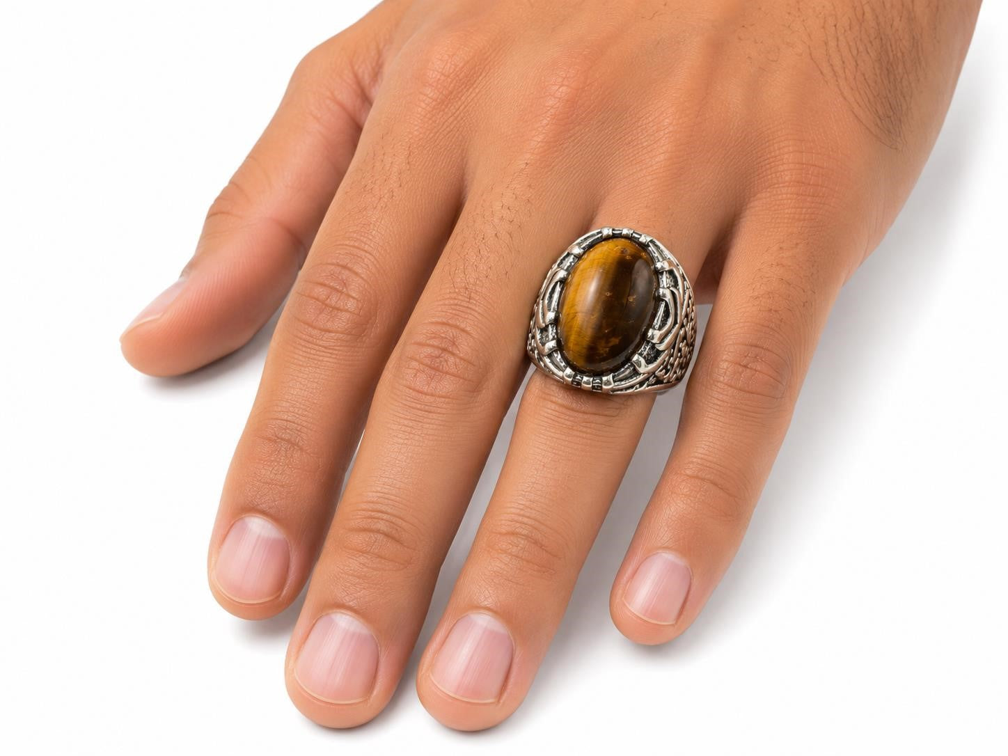 NEW Mens Tiger Eye Stone Ring Silver Band Size:10