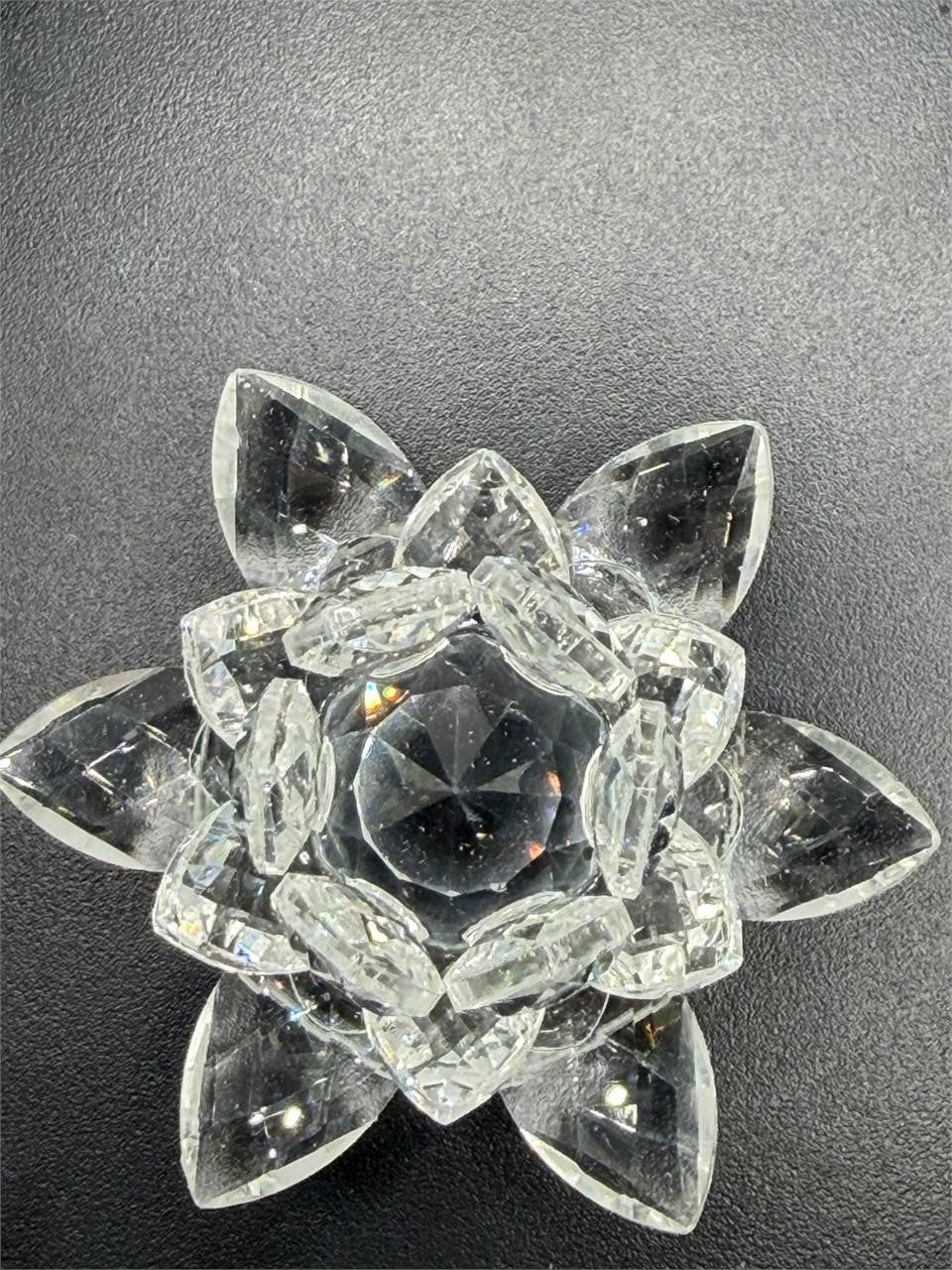 Clear crystal lotus flower figurine by Republic Mercantile, detailed lotus blossom sculpture with intricate petal design.