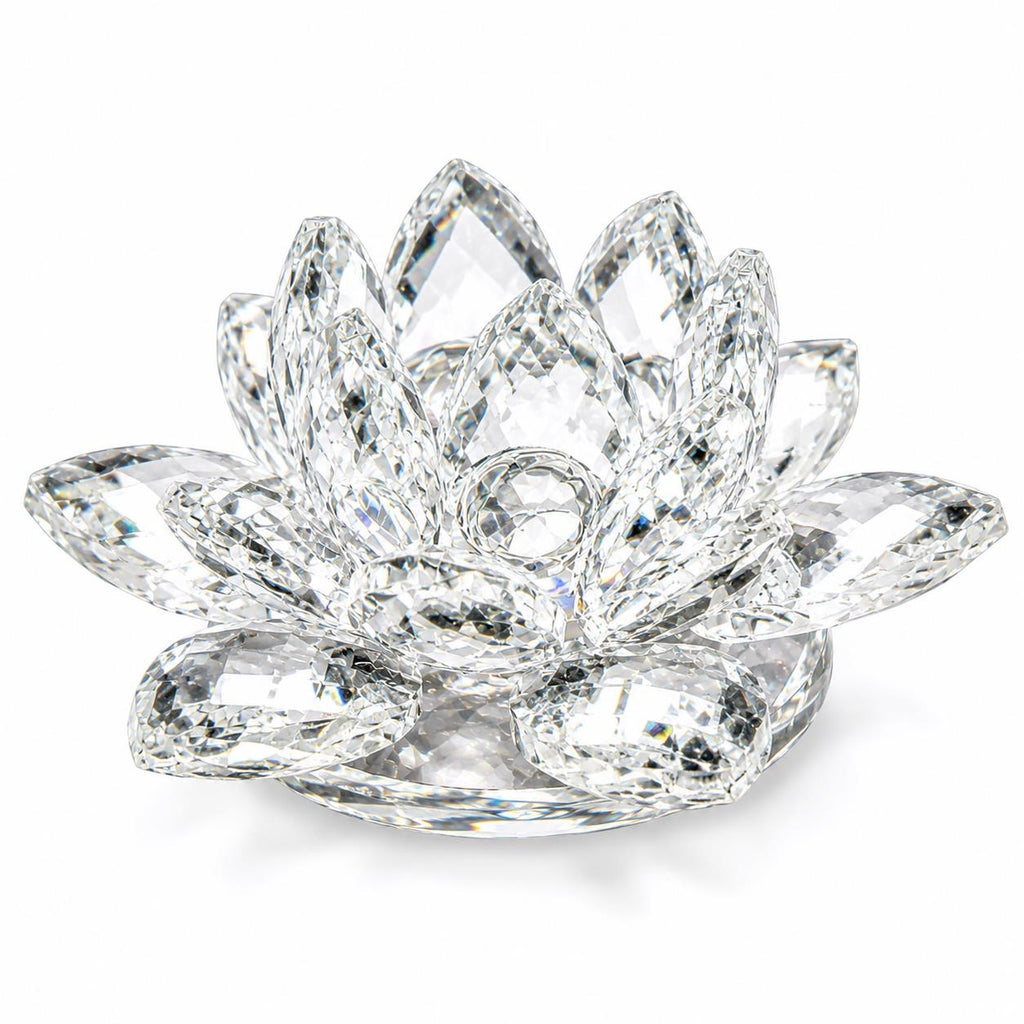 Clear crystal lotus flower figurine by Republic Mercantile, intricately carved and elegant decorative sculpture.